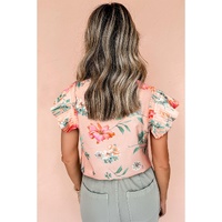 Pink Floral Print Frilled V Neck Pleated Sleeve Blouse - L thumbnail