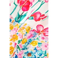 Pink Floral Print Striped Detail Split Neck Short Sleeve Blouse - L thumbnail
