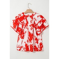 Red Plant Print Tiered Ruffled Sleeve V Neck Blouse - M thumbnail