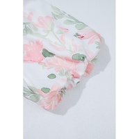 Pink Floral Puff Sleeve V Neck Tied Front Peplum Blouse - L thumbnail