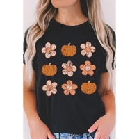 Black Pumpkin Flower Print Short Sleeve Graphic Top - L thumbnail