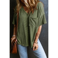 Azura Exchange Jungle Green Corded V Neck Chest Pocket Loose T-shirt - L thumbnail