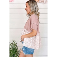 Pink Waffle Floral Patchwork Exposed Seam Detail Short Sleeve Top - L thumbnail