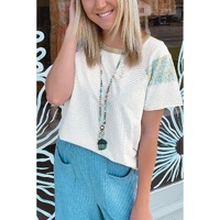 White Stripe Floral Insert Sleeves Contrast Round Neck Tee - L thumbnail