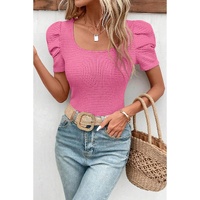 Bright Pink Waffle Knit Ruched Puff Sleeve Top - L thumbnail