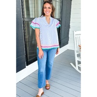 Sky Blue Stripe Ricrac Trim Split Neck Striped Ruffled Sleeve Blouse - L thumbnail