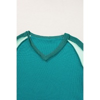 Green Exposed Seam Color Block Knitted V Neck T-shirt - S thumbnail