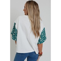 White Contrast Floral Puff Sleeve Oversized Top - S thumbnail