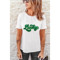 White St. Patrick Lucky Chenille Glitter Patched Graphic T Shirt - M thumbnail