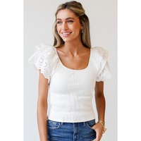 White Eyelet Ruffle Sleeve Slim Fitted Top - L thumbnail