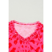 Rose Leopard Frilly V Neck Short Sleeve Blouse - L thumbnail