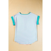 Pink Stripe Contrast Trim Half Zip Short Sleeve Top - L thumbnail