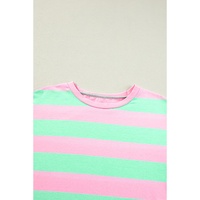 Pink Stripe Colorblock Cuffed Sleeve Loose Tee - M thumbnail