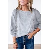 Light Grey Waffle Patchwork Long Sleeve Raw Hem Pullover Top - L thumbnail