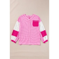 Bonbon Lace Floral Patchwork Sleeve Stitching V Neck Rib Knit Blouse - L thumbnail