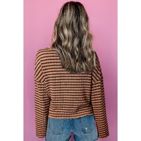 Brown Stripe Textured Frilly Trim Buttons Henley Long Sleeve Top - L thumbnail