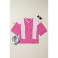 Bright Pink Textured Colorblock 3/4 Sleeve Oversize Top - L thumbnail