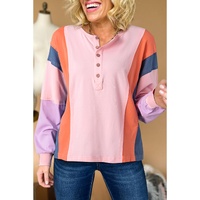 Pink Colorblock Long Sleeve Buttons Henley Top - L thumbnail
