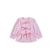Pink Stripe Bowknot Front Crew Neck Puff Sleeve Blouse - L thumbnail