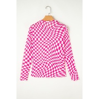 Rose Checkered Pattern Mesh Mock Neck Long Sleeve Top - L thumbnail