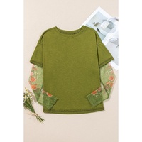 Fern Green Faux Two Piece Floral Long Sleeve Patchwork Tee - L thumbnail