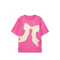 Strawberry Pink Contrasting Color Ribbon Bow Front Patch Loose Tee with Slits - L thumbnail