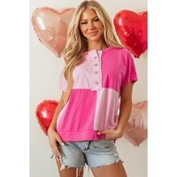 Pink Two Tone Half Buttons Collared T Shirt - S thumbnail