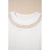 White Lace Crochet Crew Neck Casual T Shirt - XL thumbnail