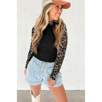 Black Floral Lace Patchwork Long Sleeve High Neck Slim Top - S thumbnail