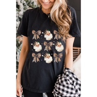 Black Santa Claus Leopard Bow Print Crew Neck Casual T Shirt - M thumbnail