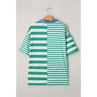 Green Stripe Colorblock Collar Half Buttons T Shirt - L thumbnail