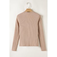 Straw Yellow Ribbed Knit V Neck Long Sleeve Slim Fit Top - M thumbnail