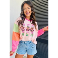 Pink Christmas Sequin Nutcracker Graphic Colorblock Long Sleeve Top - L thumbnail