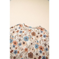 Khaki Floral Print Loose Crew Neck Long Sleeve T Shirt - L thumbnail