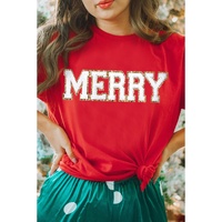 Red Christmas MERRY Graphic Cuffed Sleeve T Shirt - L thumbnail