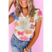 Multicolour Floral Mesh Lettuce Trim Cropped T Shirt - M thumbnail