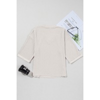 White Solid Color Corded Drop Shoulder 3/4 Sleeve V Neck Top - M thumbnail