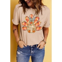 Khaki Thanksgiving Bowknot Turkey Graphic Crewneck Tee - 3XL thumbnail