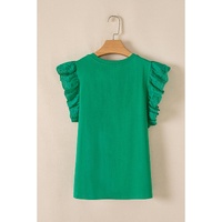 Dark Green Embroidered Ruffled Sleeve Slim Fit Crew Neck Top - L thumbnail