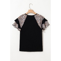 Black Leopard Print Patchwork Ruffled Sleeve V Neck T Shirt - S thumbnail