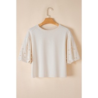 White Pearled Puff Sleeve Round Neck Loose Top - M thumbnail