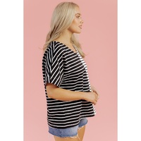 Black Stripe Two Tone Colorblock V Neck T Shirt - L thumbnail