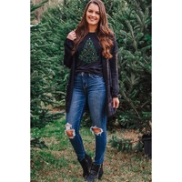 Black Rhinestone Christmas Tree Round Neck Graphic Tee - S thumbnail