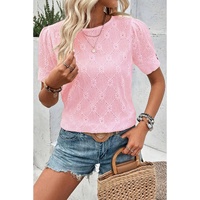 Pink Flower Geometric Textured Button Short Sleeve Top - XL thumbnail