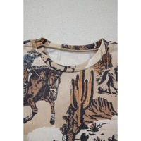 Khaki Western Cowboy Print Cuffed Sleeve Crewneck T Shirt - L thumbnail