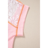 Light Pink Lace Patchwork Exposed Seam V Neck T Shirt - L thumbnail