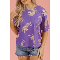 Purple Allover Tiger Printed Patch Pocket Loose T Shirt - XL thumbnail