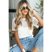 White Solid Color Sheer Mesh Patchwork Short Sleeve Top - XL thumbnail