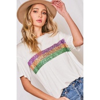 White Sequin Stripes Patchwork Mardi Gras Crew Neck T Shirt - L thumbnail