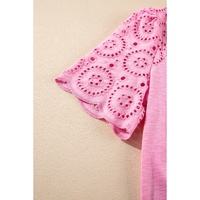 Pink Eyelet Embroidery Scalloped Sleeve Round Neck T Shirt - M thumbnail